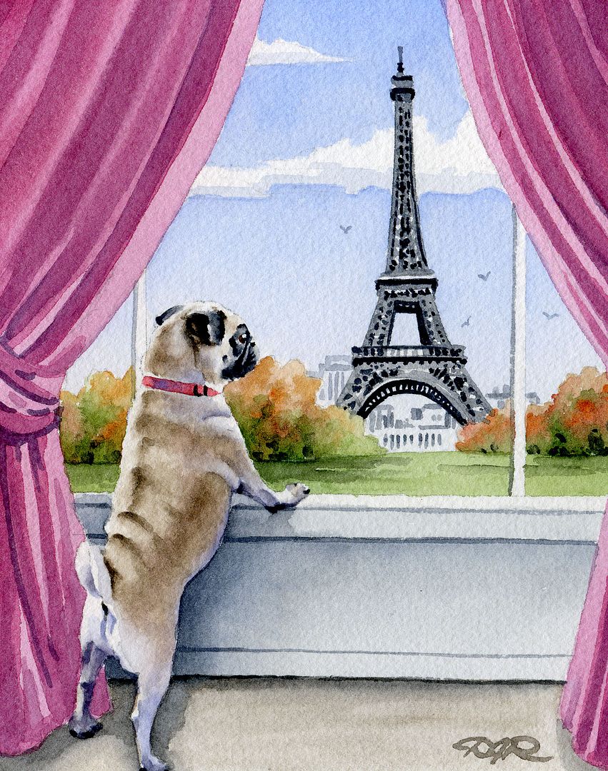 Pug in Paris Dog Watercolor 8 x 10 Art Print Signed by Artist DJR eBay