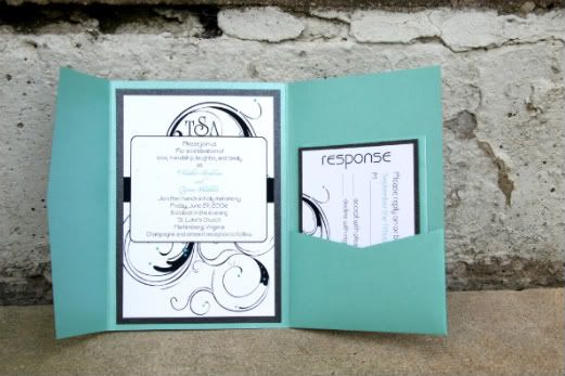This package includes Custom Pocket Fold Wedding Invitations printed on 