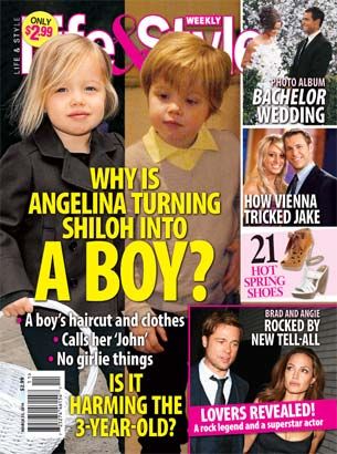 cover of life and style magazine, with two pictures of shiloh, one where she has long blond hair and another where her hair is short and she's wearing a collared shirt and sweater. It reads: Why is Angelina turning Shiloh into a boy?