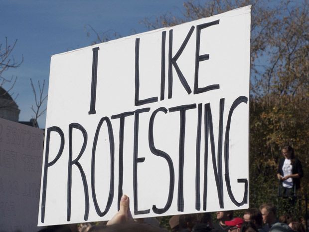 Protest sign reads I LIKE PROTESTING