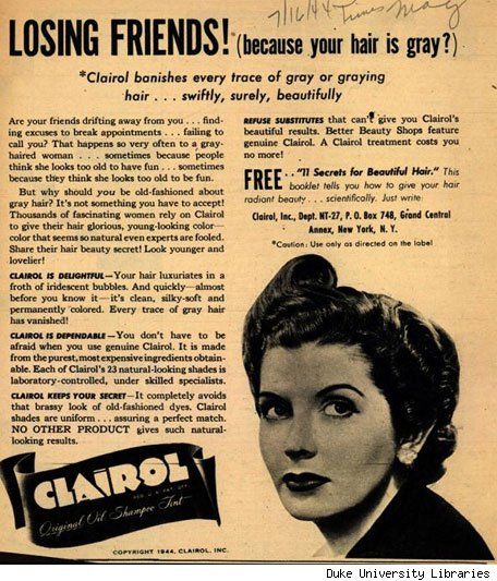 vintage clariol ad for women who are losing friends bc of gray hair