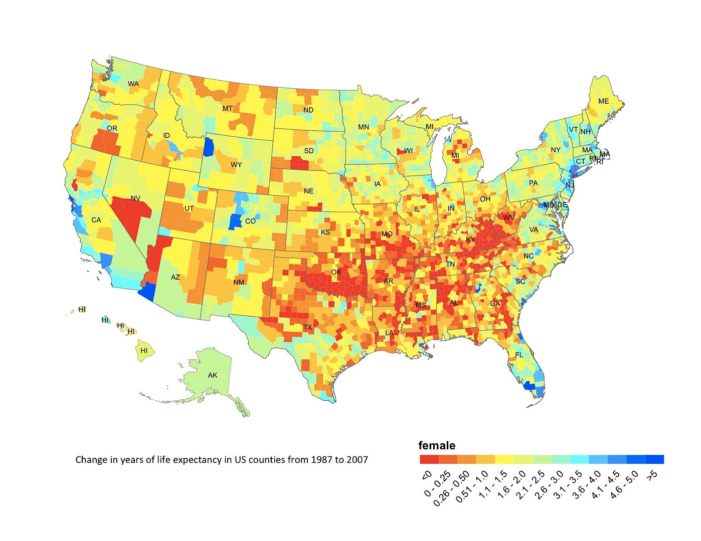 map showing the change in life expectancy for women in US counties from 1987 to 2007 