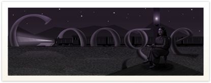 Google Doodle with Nazik sitting in a chair in front of Google logo