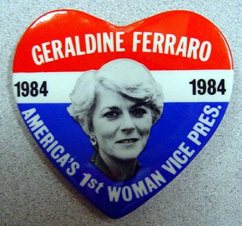 A button from the 1984 election in a heart shape with Geraldine's face