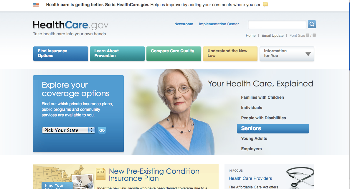 screen shot of home page of healthcare.gov
