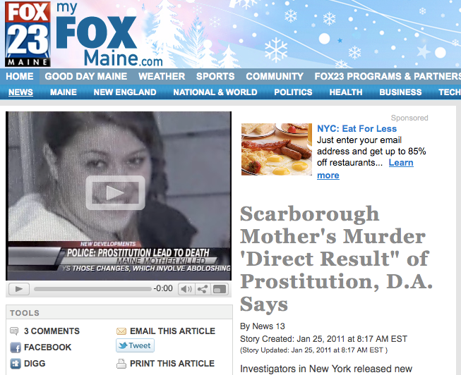 Screen shot of news article with headline Scarborough Mother's Murder 'Direct Result