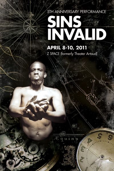 Sins Invalid poster with man holding out his hands and clocks in the background