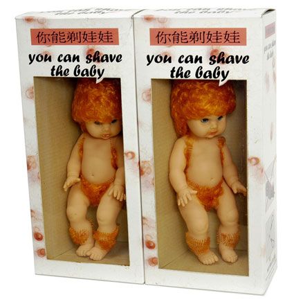 Two pictures of You Can Shave the Baby doll in its box. Baby doll has lots of orange hair on its head, underarms and sides, crotch, around its waist, and around its ankles.