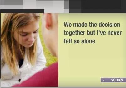 poster with woman looking sad and saying 'we made the decision together but i feel so alone'