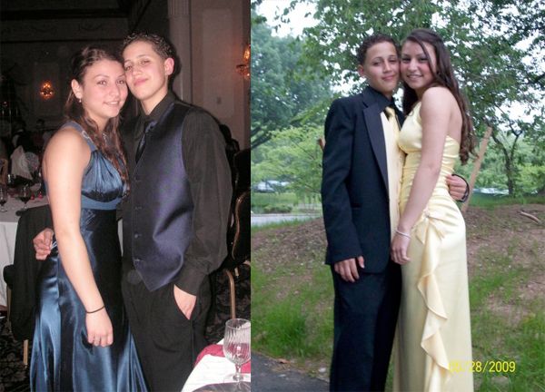 Two photos, side by side, of Alex and Gabi, posing for prom. One is wearing a long dress, the other slacks and a vest