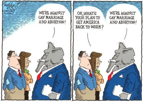 cartoon showing couple asking the GOP about their plan to get American back to work and GOP responding that they are against gay marriage and abortion