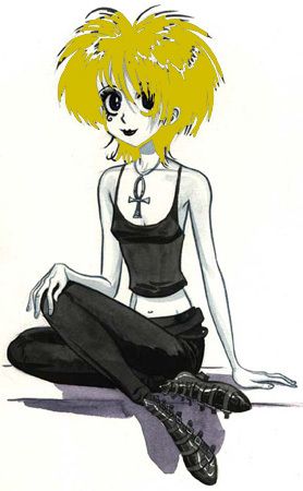 cartoon picture of a person with blond hair, a woman symbol tattoo around their neck, sitting cross-legged and wearing black pants and a black tank top