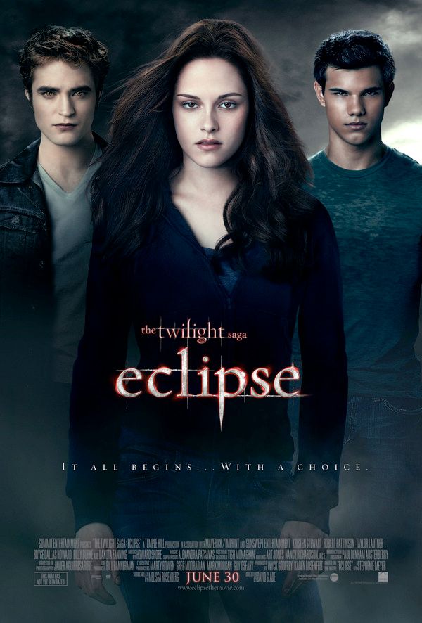 Twilight Eclipse poster with Edward, Bella, and Jacob staring out vacantly at us