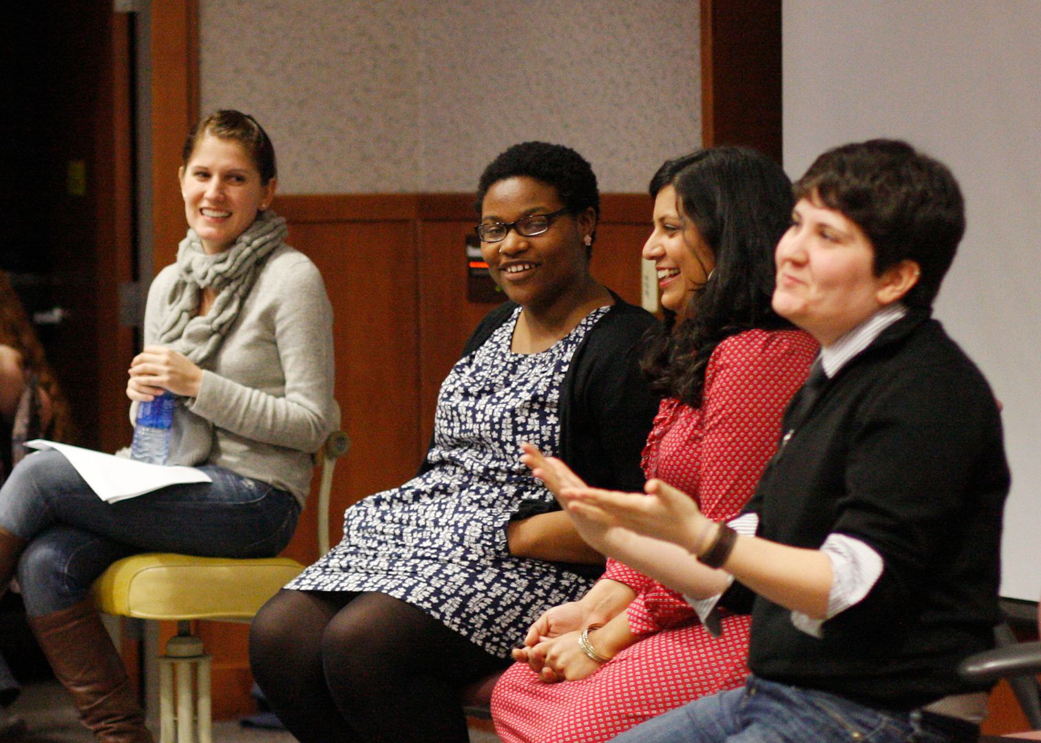 Editors Vanessa Valenti and Samhita Mukhopadhyay, a student panelist, and former Editor Miriam Perez at a speaking event