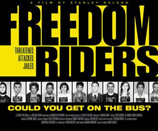 Freedom Rider advertisement with mugshot photos and the subtitle 'Could you get on the bus?'