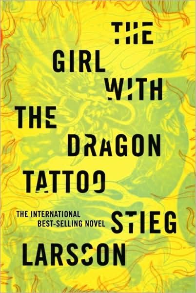 type focused cover of girl with a dragon tattoo book, yellow with green and black writing