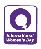 international women's day logo, white and purple with women's symbol