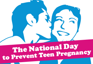 drawing of a girl smiling while a boy kisses her cheek with the words National Day to Prevent Teen Pregnancy written across the bottom