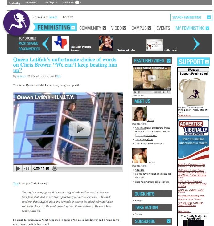 Screenshot of redesigned Feministing site