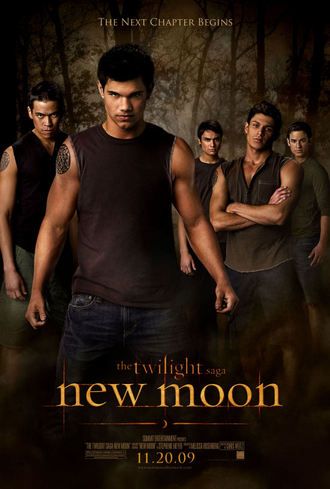 movie poster for New Moon featuring werewolf character Jacob Black and his fellow werewolf-men
