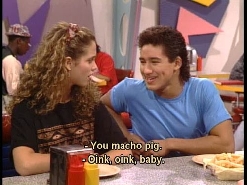Jessie Spano and AC Slater from Saved by the Bell. Caption reads -You macho pig! -Oink, oink, baby.