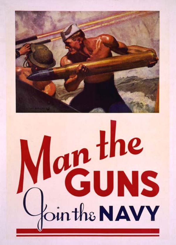 Vintage poster that reads 'Man the Guns, Join the Navy' featuring shirtless man with big phallic rocket