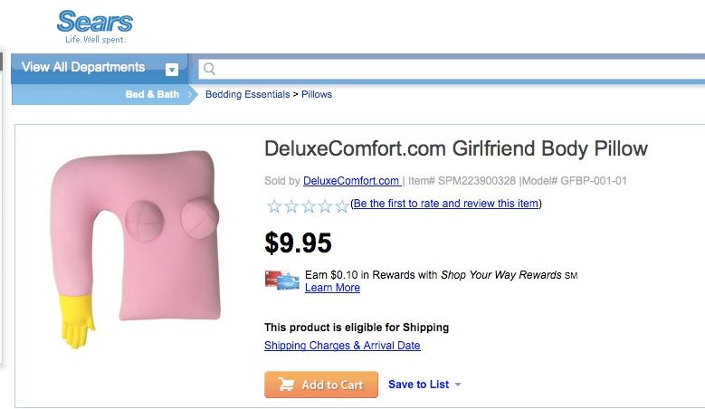 Screen shot of Sears' Girlfriend Pillow, pink with fake breasts