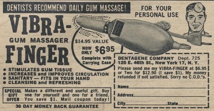 a vintage ad for a gum massager called  the vibra-finger