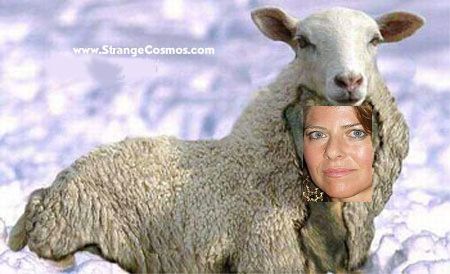 sheepskin draped over head of naomi wolf