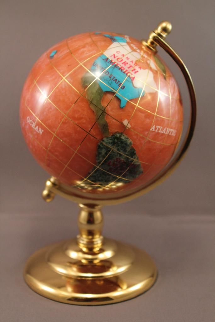 Genuine MultiGemstone Desktop Globe Gold Tone Base Light Pink Globe