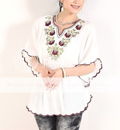 Vtg 70s Ethnic Embroidered MEXICAN tunic Batwing TOP  