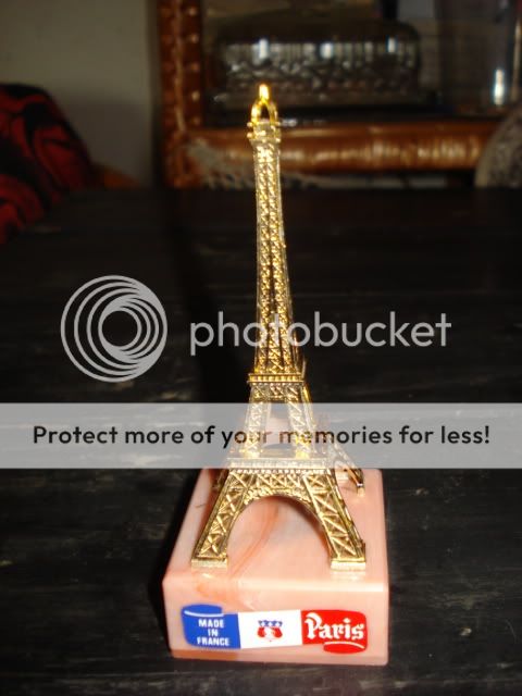 Vintage Yellow Metal EIFFEL TOWER FIGURINE on Pink Bakelite? Base